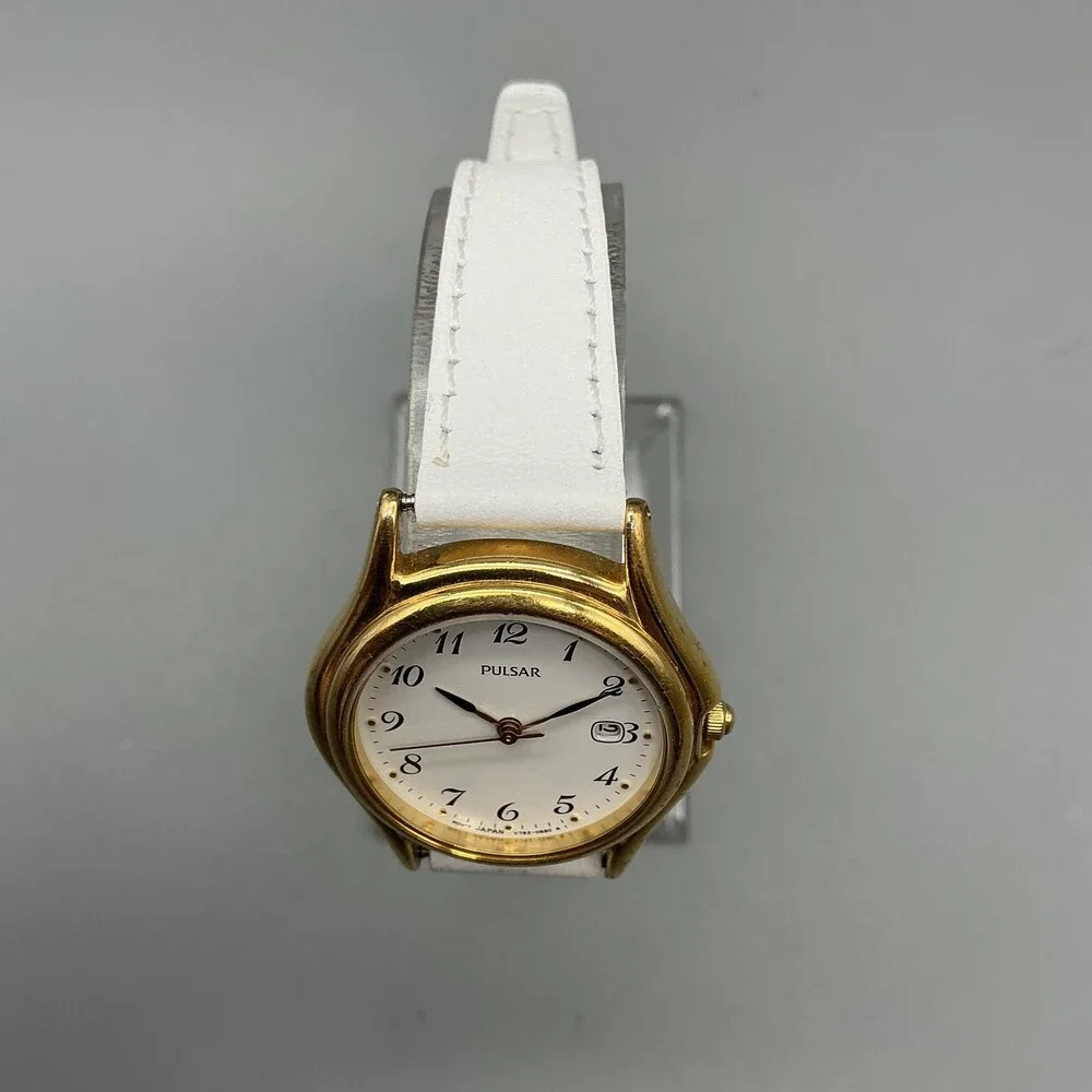 Pulsar V782-0E30 Womens Watch 28mm Gold Tone White Leather New Battery
